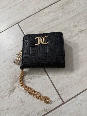 Juicy couture Embossed Black Leather Card Wallet with Gold Chain
